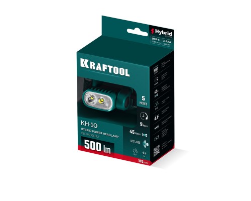 Аккумуляторный налобный фонарь 1000мАч 3ААА KH-10, Hybrid power, 500 лм, 5 режимов KRAFTOOL 56452