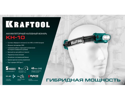Аккумуляторный налобный фонарь 1000мАч 3ААА KH-10, Hybrid power, 500 лм, 5 режимов KRAFTOOL 56452