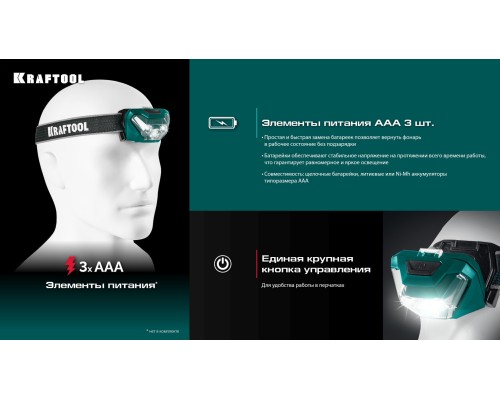 Налобный фонарь 3ААА KH-3, 500 лм, 5 режимов KRAFTOOL 56456