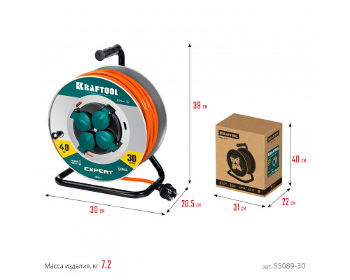 Силовой удлинитель на стальной катушке EXPERT ПВС 3х2.5 30м 4000Вт IP44 KRAFTOOL 55089-30 Силовой удлинитель на стальной катушке EXPERT ПВС 3х2.5 30м 4000Вт IP44 KRAFTOOL 55089-30