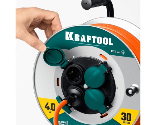 Силовой удлинитель на стальной катушке EXPERT ПВС 3х2.5 30м 4000Вт IP44 KRAFTOOL 55089-30