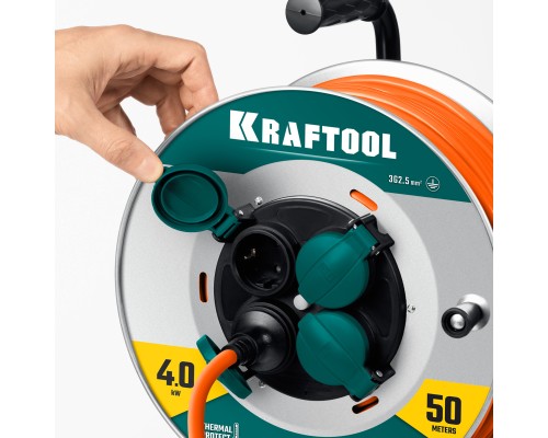 Силовой удлинитель на стальной катушке EXPERT ПВС 3х2.5 50м 4000Вт IP44 KRAFTOOL 55089-50