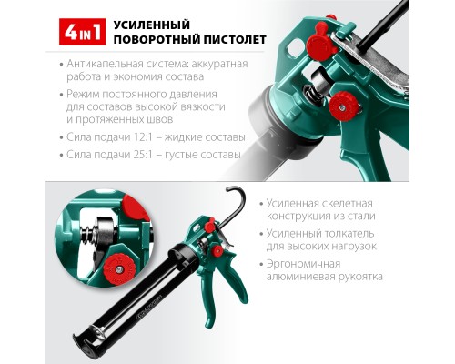 Усиленный пистолет для герметика 4-in-1 EXPERT 310 мл, cкелетный, поворотный KRAFTOOL 06675