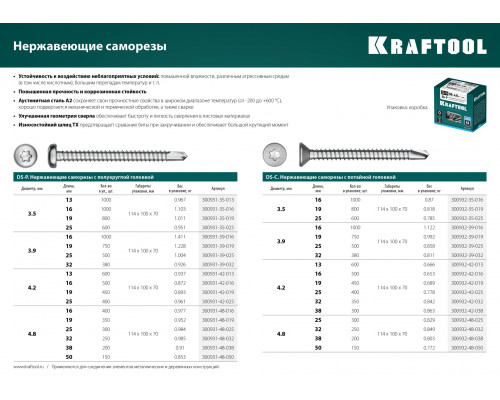 Саморез нержавеющий DS-C, 25x3.9 мм, А2, сверло, потайная головка, ТХ15, 500 шт. KRAFTOOL 300932-39-025 Саморез нержавеющий DS-C, 25x3.9 мм, А2, сверло, потайная головка, ТХ15, 500 шт. KRAFTOOL 300932-39-025