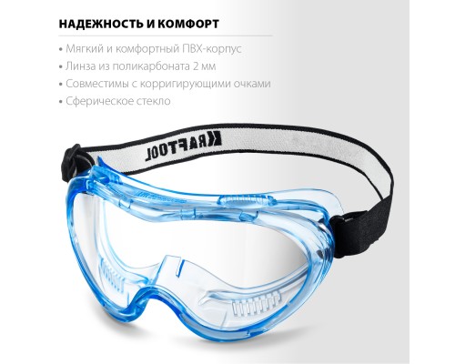 Защитные очки PANORAMA стекло из поликарбоната с покрытием от царапин и запотевания, обтюратор из PVC, непрямая вентиляция KRAFTOOL 11008_z01