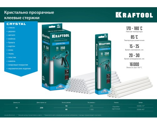 Клеевые стержни Cristal, 11x250 мм, 10 шт., кристально прозрачные KRAFTOOL 06846-10
