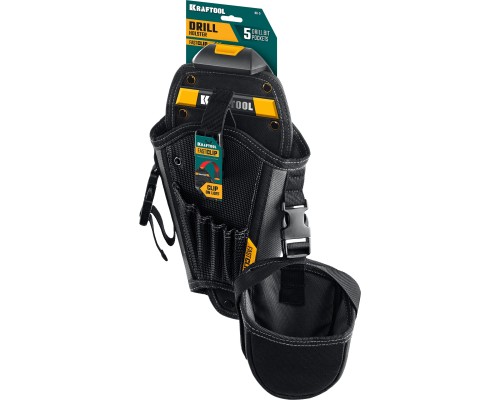 Кобура для шуруповерта KH-5 с дополнительным съемным карманом, с быстросъемным креплением FastClip, 5 отделений для сверл и бит KRAFTOOL 38769