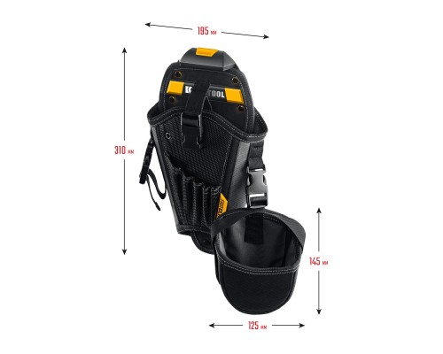 Кобура для шуруповерта KH-5 с дополнительным съемным карманом, с быстросъемным креплением FastClip, 5 отделений для сверл и бит KRAFTOOL 38769