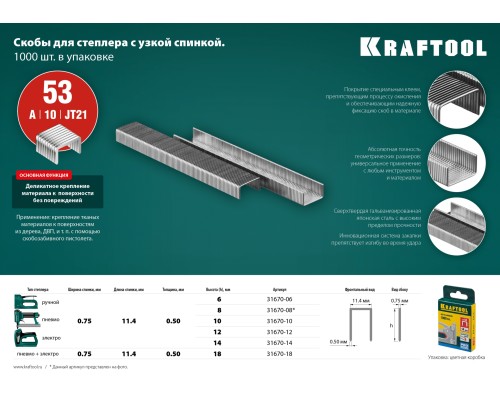 Скобы для степлера узкие, тип 53 (A/10/JT21) 23GA 18 мм, 1000 шт. KRAFTOOL 31670-18