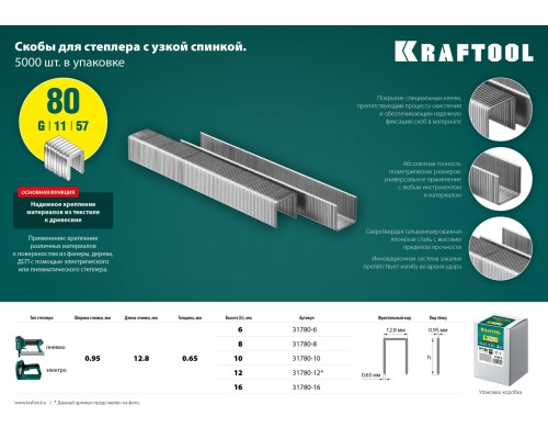 Скобы для степлера тип 21GA (80/Pr A/Senco AT) 12 мм, 5000 шт. KRAFTOOL 31780-12