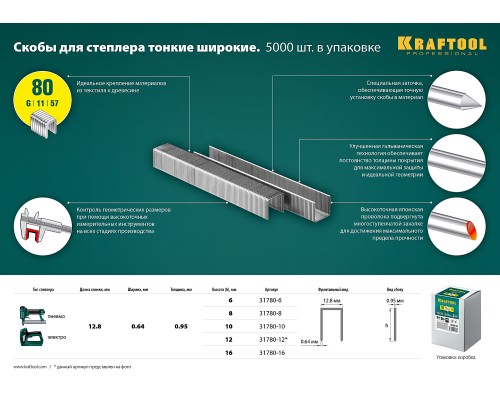 Скобы для степлера тип 21GA (80/Pr A/Senco AT) 10 мм, 5000 шт. KRAFTOOL 31780-10