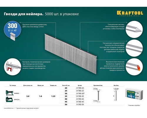 Гвозди для нейлера тип 18GA (47/300/F) 50 мм, 5000 шт. KRAFTOOL 31785-50