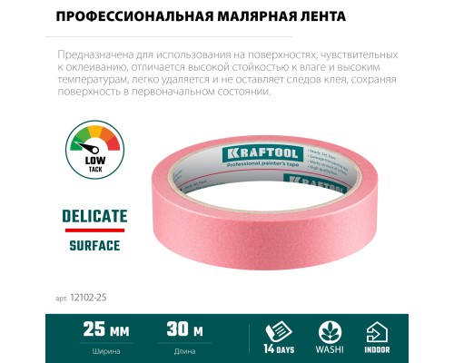 Малярная лента #200 Delicate 25 мм x 30 м для деликатных и недавно окрашенных поверхностей KRAFTOOL 12102-25