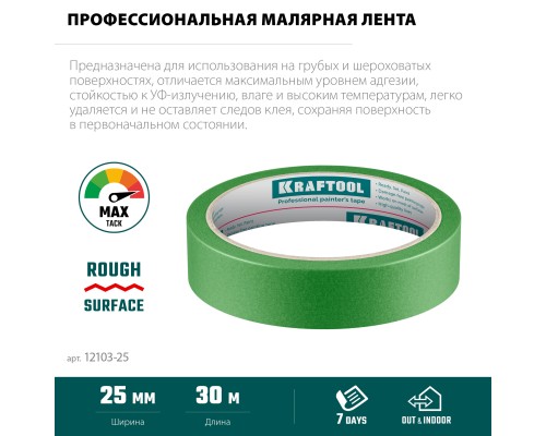 Малярная лента #300 Strong 25 мм x 30 м для грубых и шероховатых поверхностей KRAFTOOL 12103-25