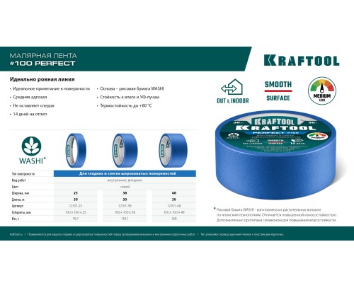 Малярная лента #100 Perfect 38 мм x 30 м для гладких и шероховатых поверхностей KRAFTOOL 12101-38