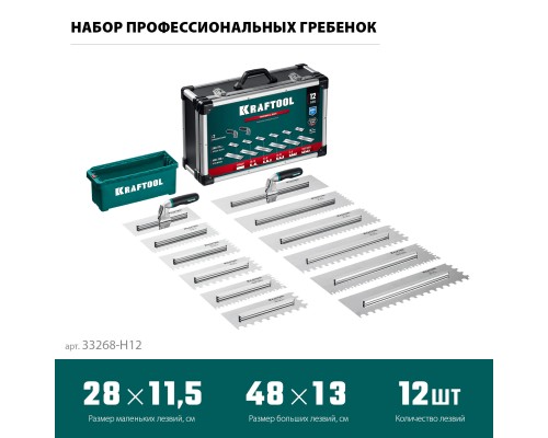 Набор нержавеющих гребенок со сменной 2к ручкой в пластиковом кейсе 280х115 мм (6шт)-480х130 мм (6шт) KRAFTOOL 33268-H12