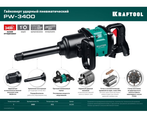 Ударный пневматический гайковерт PW-3400, 1", 3400 Н·м KRAFTOOL 64200