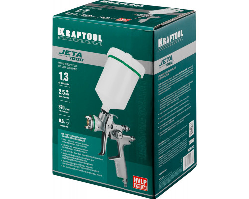 Пневматический краскопульт с верхним бачком JETA 1000, HVLP, 1.3 мм KRAFTOOL 06559-1.3 Пневматический краскопульт с верхним бачком JETA 1000, HVLP, 1.3 мм KRAFTOOL 06559-1.3