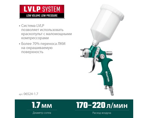 Пневматический краскопульт с верхним бачком AirFlat, LVLP, 1.7 мм KRAFTOOL 06524-1.7