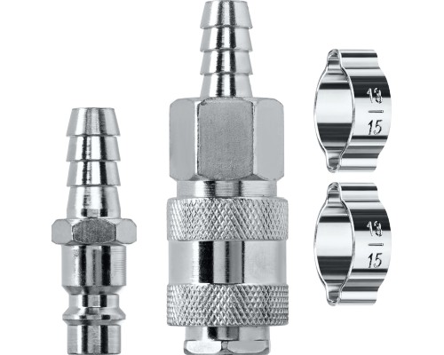 Набор (штуцер "елочка", 10 мм - рапид муфта) + (рапид штуцер-штуцер "елочка", 10 мм) + (обжимные хомуты 2 шт) KRAFTOOL 06599-10-H