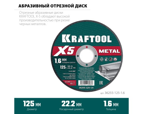 Отрезной диск по металлу X5 Metal 125x1.6 мм KRAFTOOL 36255-125-1.6