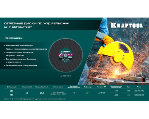 Отрезной диск для бензореза по Ж/Д рельсам X7-EXTREM RAIL 400x4.0/25.4 мм KRAFTOOL 36258-400-4.0