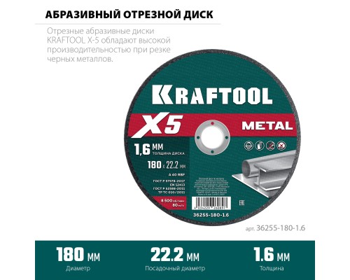 Отрезной диск по металлу X5 Metal 180x1.6 мм KRAFTOOL 36255-180-1.6