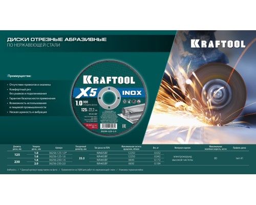 Отрезной диск по нержавеющей стали X5 INOX 125x1.6 мм KRAFTOOL 36256-125-1.6