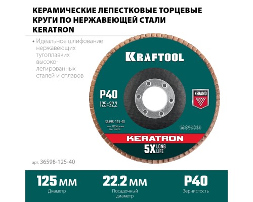 Круг лепестковый керамический торцевой по нержавеющей стали 125x22.2 мм, P40 KRAFTOOL 36598-125-40