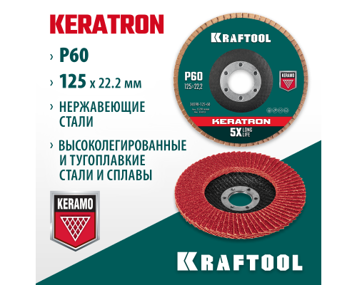 Круг лепестковый керамический торцевой по нержавеющей стали 125x22.2 мм, P60 KRAFTOOL 36598-125-60