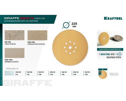 Шлифовальный круг на липучке 9 отв. Giraffe GOLD-9 225 мм, Р180 KRAFTOOL 35651-180