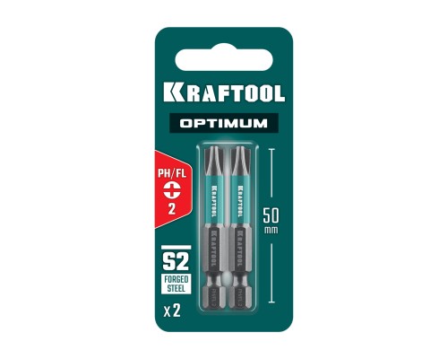 Биты OPTIMUM PH/FL 2, 50 мм, 2 шт. KRAFTOOL 261221-2-50-2