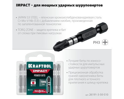 Ударные биты Impact PH 3, 50 мм, 10 шт. KRAFTOOL 26191-3-50-S10