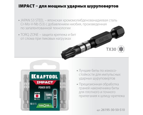 Ударные биты Impact TX30, 50 мм, 10 шт. KRAFTOOL 26195-30-50-S10