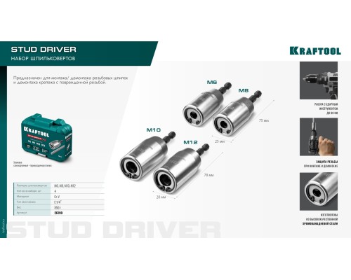 Набор ударных шпильковертов STUD DRIVER, 4 шт, М6, М8, М10, М12 KRAFTOOL 26199