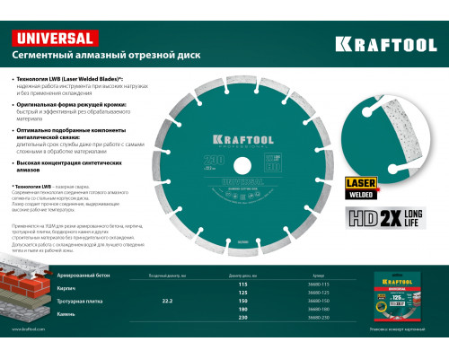 Алмазный диск LASER-UNIVERSAL 150 мм (22.2 мм, 10х2.4мм) KRAFTOOL 36680-150 Алмазный диск LASER-UNIVERSAL 150 мм (22.2 мм, 10х2.4мм) KRAFTOOL 36680-150