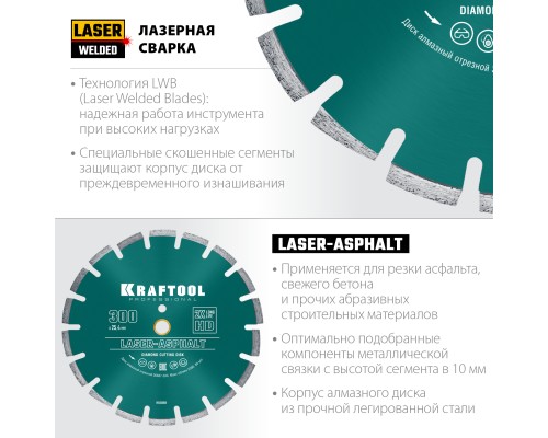 Алмазный диск LASER-ASPHALT 300 мм (25.4/20 мм, 10х3.2 мм) KRAFTOOL 36687-300