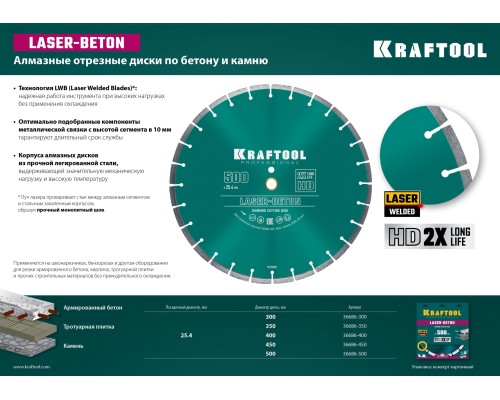 Алмазный диск LASER-BETON 300 мм (25.4/20 мм, 10х3.2 мм ) KRAFTOOL 36686-300