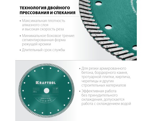 Сегментированный алмазный диск Turbo, 230 мм (22.2 мм, 10x2.8 мм) KRAFTOOL 36682-230