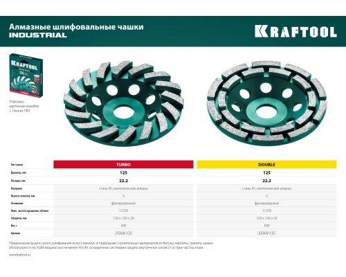 Двухрядная алмазная шлифовальная чашка INDUSTRIAL Double, d 125 мм KRAFTOOL 33369-125