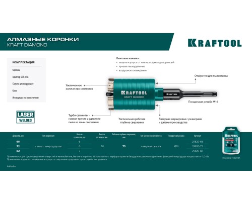 Алмазная коронка для подрозетников DIAMOND d 82 мм (М16, рабочая глубина 75 мм, лазерная сварка) KRAFTOOL 29820-82