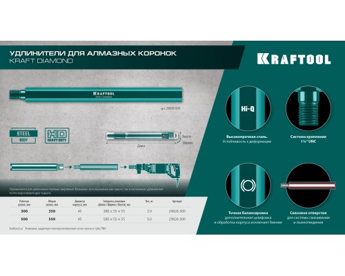 Удлинитель для алмазных коронок L500 мм, стальной, посадка 1 1/4" KRAFTOOL 29826-500