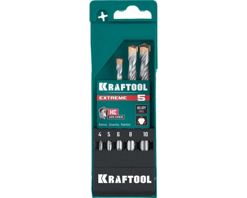 Набор сверл по бетону Extreme, 5 шт: 4-5-6-8-10 мм, трехгранныйxвостовик KRAFTOOL 29166-H5