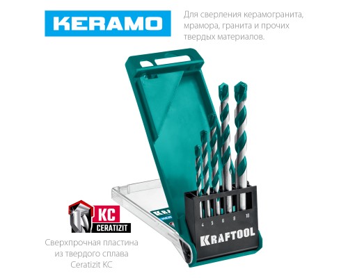 Набор сверл по керамограниту с твердосплавной пластиной Keramo, 5 шт: 4-5-6-8-10 мм KRAFTOOL 29175-H5