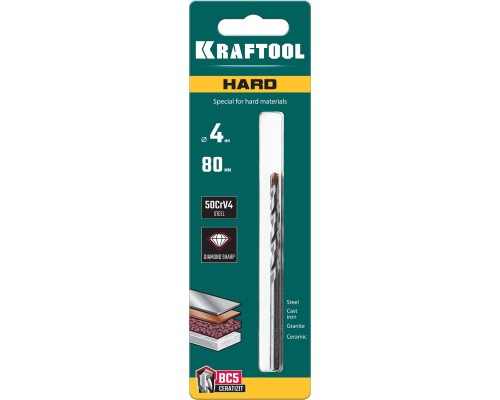 Сверло специальное по твердым материалам Hard, 4x80 мм, тв.сплав ВС5 KRAFTOOL 29177-080-4