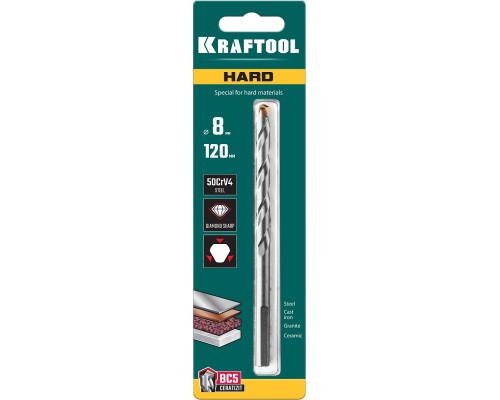 Сверло специальное по твердым материалам Hard, 8x120 мм, тв.сплав ВС5 KRAFTOOL 29177-120-8