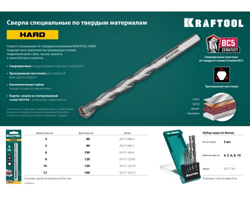 Сверло специальное по твердым материалам Hard, 12x160 мм, тв.сплав ВС5 KRAFTOOL 29177-160-12