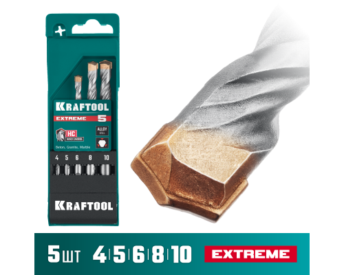 Набор сверл по бетону Extreme, 5 шт: 4-5-6-8-10 мм, трехгранныйxвостовик KRAFTOOL 29166-H5