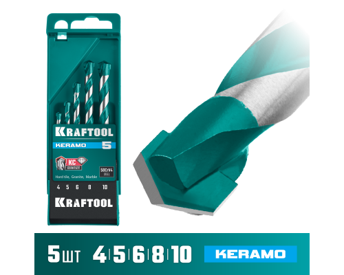 Набор сверл по керамограниту с твердосплавной пластиной Keramo, 5 шт: 4-5-6-8-10 мм KRAFTOOL 29175-H5