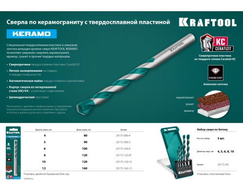 Сверло по керамограниту Keramo, 10x120 мм, тв.сплав КС KRAFTOOL 29175-120-10
